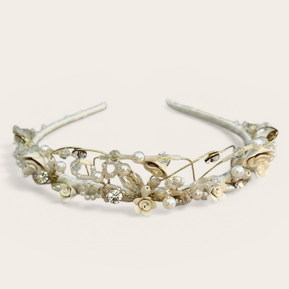 Elegant Ivory Floral Crystal Tiara